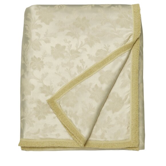 Vintage Ivory Satin Floral Bedspread with Fringe – Large European Tapestry Blank - Picture 1 of 16